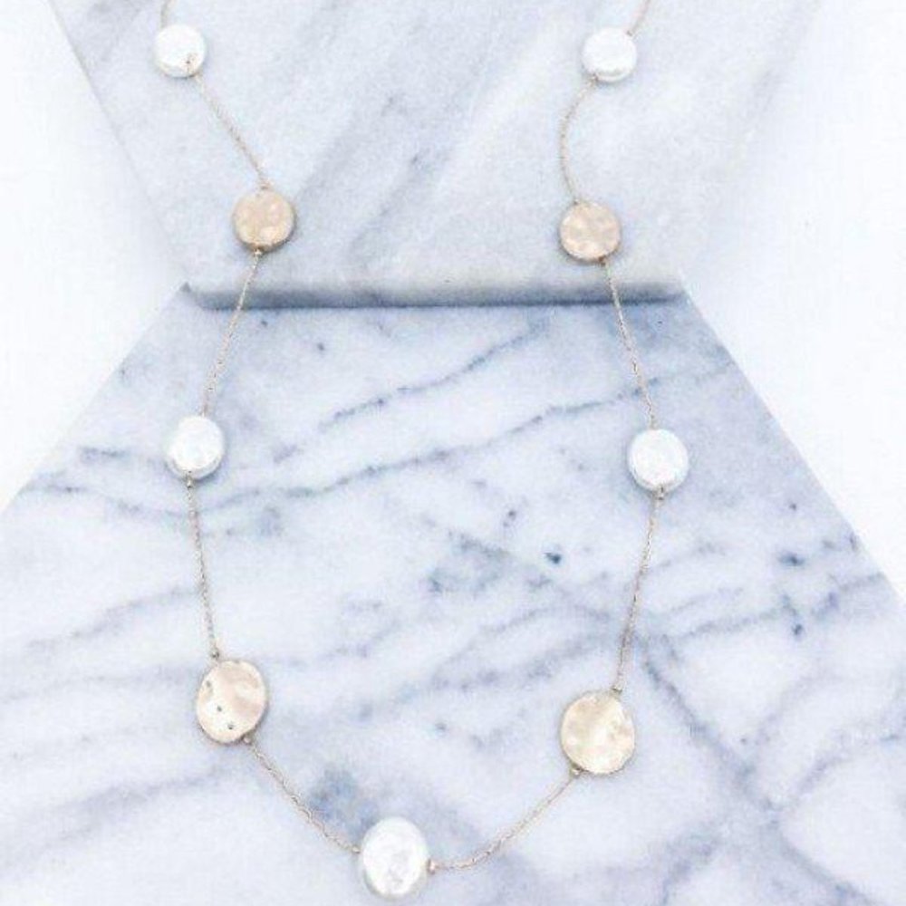 Coin Pearl and Hammered Pendant Station Necklace